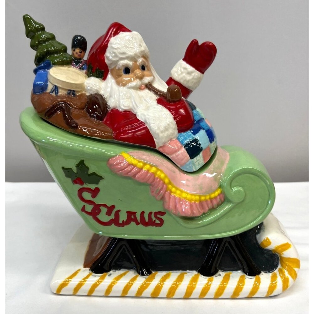 Santa Claus Ceramic Sleigh Figurine With Toy Sack, Cookie Jar